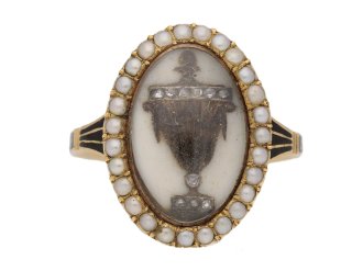front view Antique diamond and pearl 'urn' memorial ring, circa 1780.