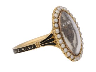 side view Antique diamond and pearl 'urn' memorial ring, circa 1780.