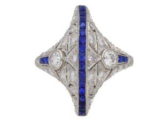 Calibré sapphire and diamond ring in platinum, circa 1935. berganza hatton garden 