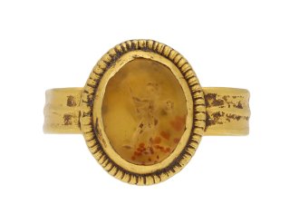 Ancient Roman Cupid intaglio ring, circa 2nd century AD. 