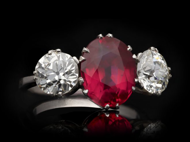 Natural Burmese ruby and diamond ring, circa 1915. Hatton garden