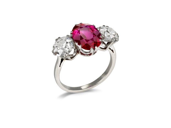 Burmese ruby and diamond three stone ring, circa 1915.