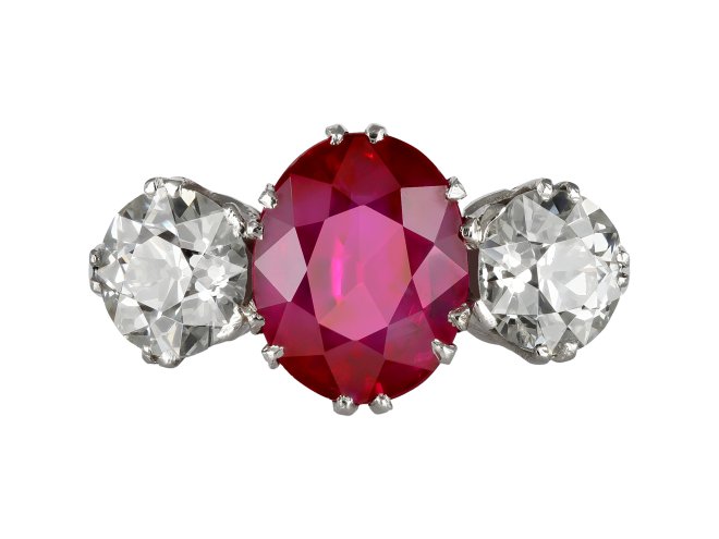 Burmese ruby and diamond three stone ring, circa 1915.