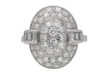 Vintage oval diamond cluster ring, English, circa 1950.