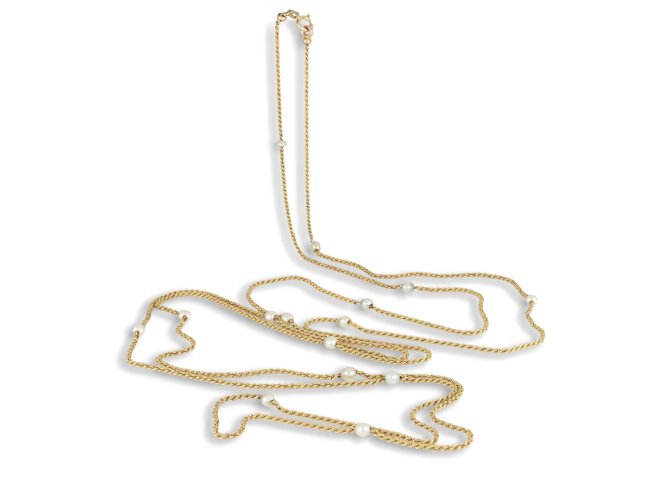 John Goode & Sons natural pearl and gold chain, English, circa 1912. 