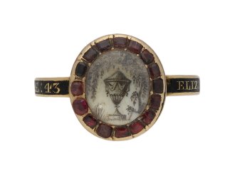 Georgian crystal, garnet and enamel memorial ring, English, circa 1775.